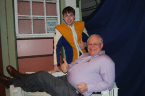 The 1974 Harold Hill, Greg Barton, gives the 2011 Harold Hill, Tim Deubler, some pointers