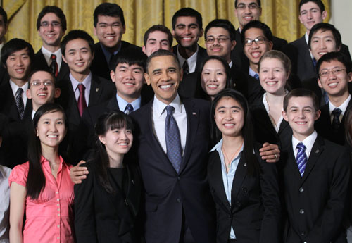 President Barack Obama meets with student finalists of the Intel Science Talent Search 2011 competition, Tuesday, March 15, 2011, in the East Room of the White House in Washington. (AP Photo) Ben is in the front row, far right. Share this: