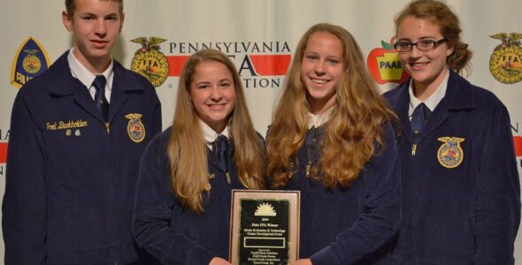 Members of the Meats Evaluation team are, from left, Joel Burkholder, Sammy Bleacher, Katey Bleacher and Emily Witmer. (Allison Hoover photo)