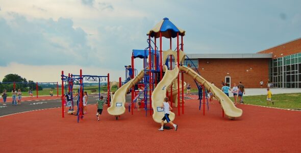 The school's massive, colorful playground was a bit hit with students.