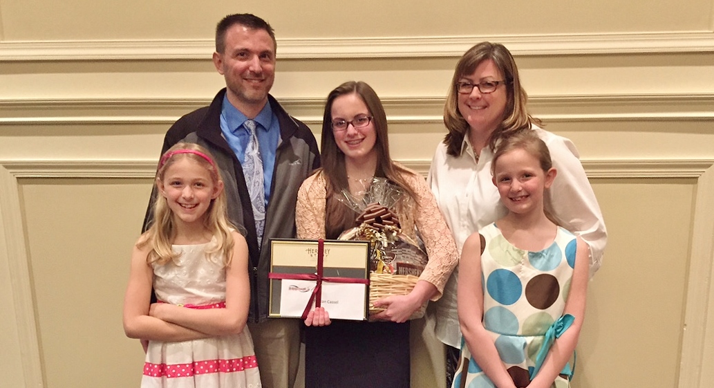 Manor MS eighth-grader Peyton Cassel at the awards ceremony with, from left, sisters Emma and Mackenzie and parent Steve and Jennifer Cassel.