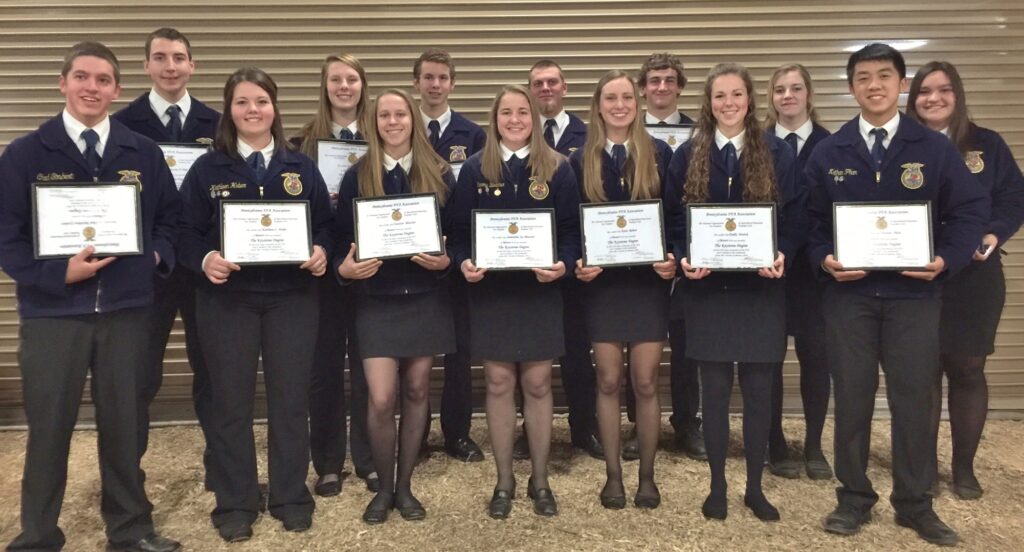 Keystone Degree recipients, from left, are Chad Goshert, Justin High, Katie Huber, Ellie Barley, Katey Bleacher, Joel Burkholder, Sammy Bleacher, Scott Neff, Kara Rohrer, Aiden Kimmett, Emily Ferrick, Cheyenne Ditzler, Nathan Phan and Emily Alexander.