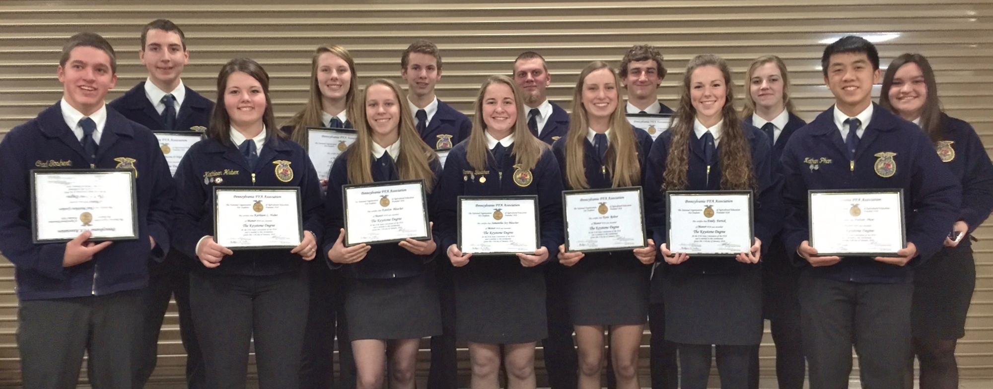 Keystone Degree recipients, from left, are Chad Goshert, Justin High, Katie Huber, Ellie Barley, Katey Bleacher, Joel Burkholder, Sammy Bleacher, Scott Neff, Kara Rohrer, Aiden Kimmett, Emily Ferrick, Cheyenne Ditzler, Nathan Phan and Emily Alexander.