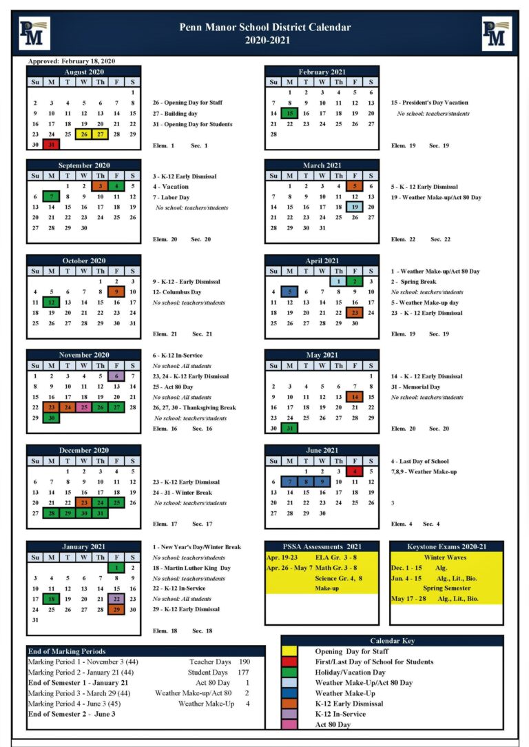 20202021 Penn Manor school calendar approved Penn Manor School District