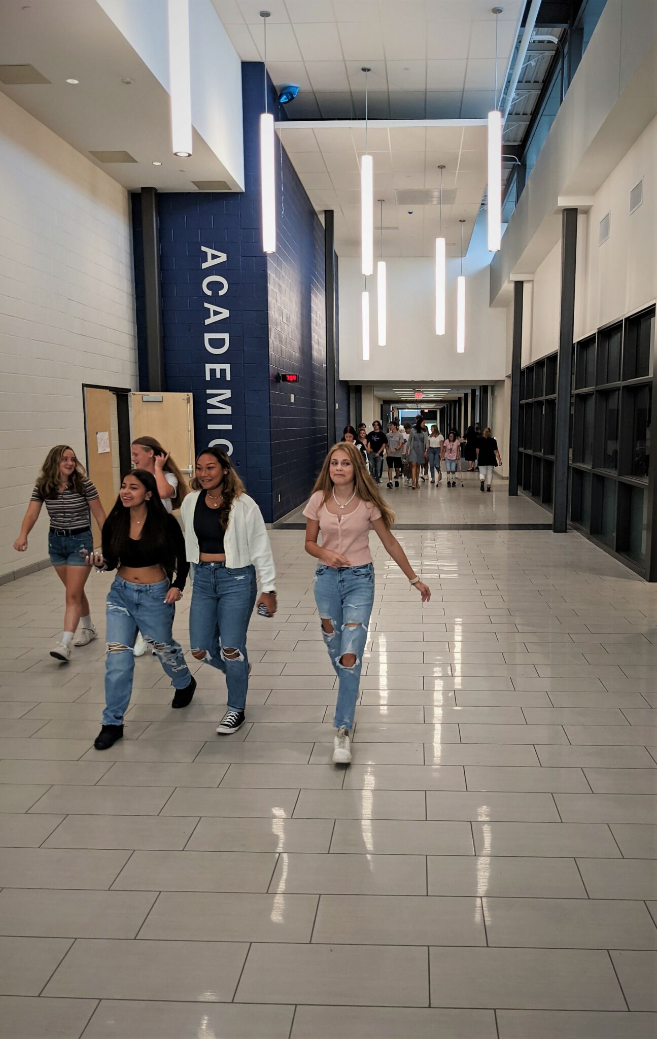 Students walk inside the high school