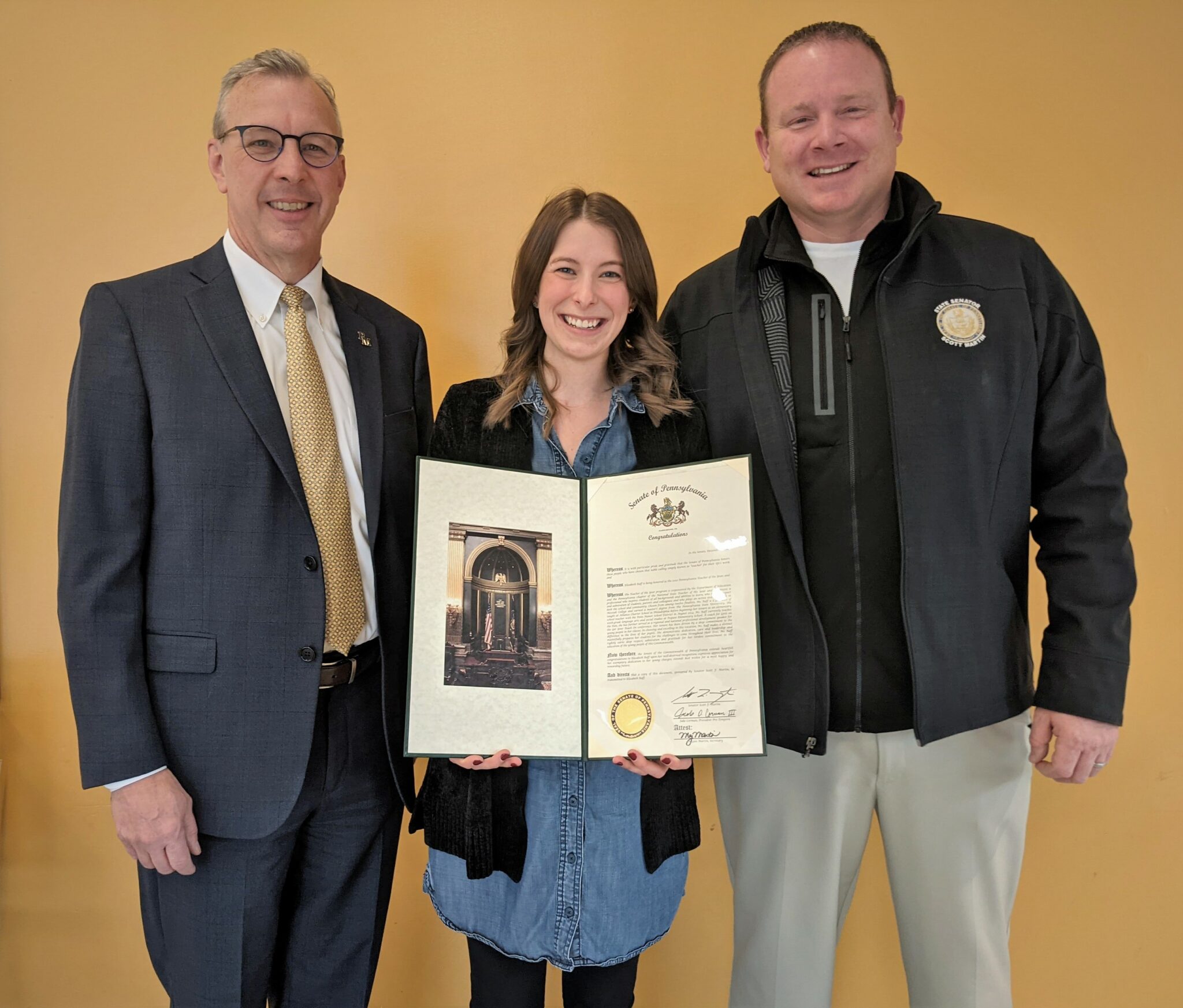 Superintendent Mike Leichleiter and Sen. Scott Martin with Mrs. Raff