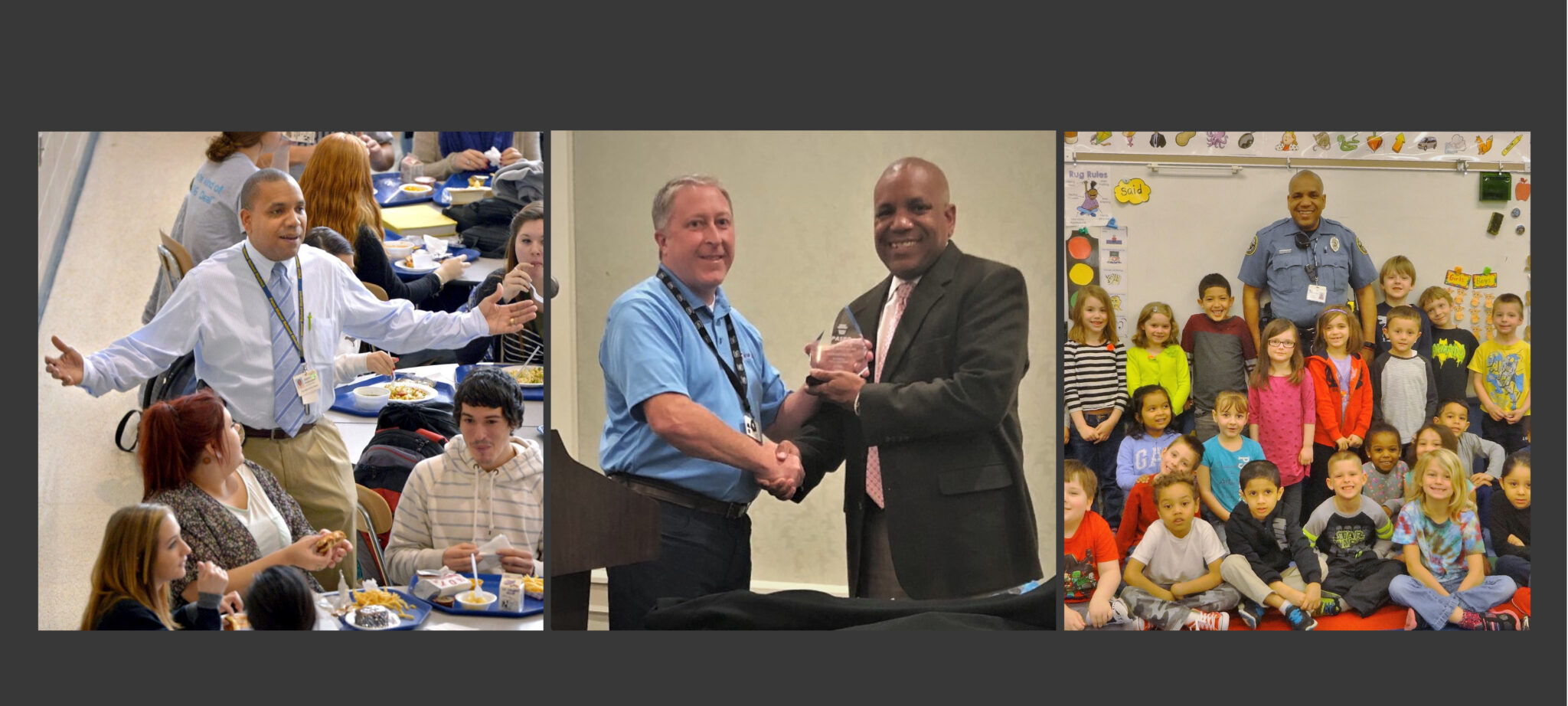 Three photos of Officer Hottenstein with students and receiving his award