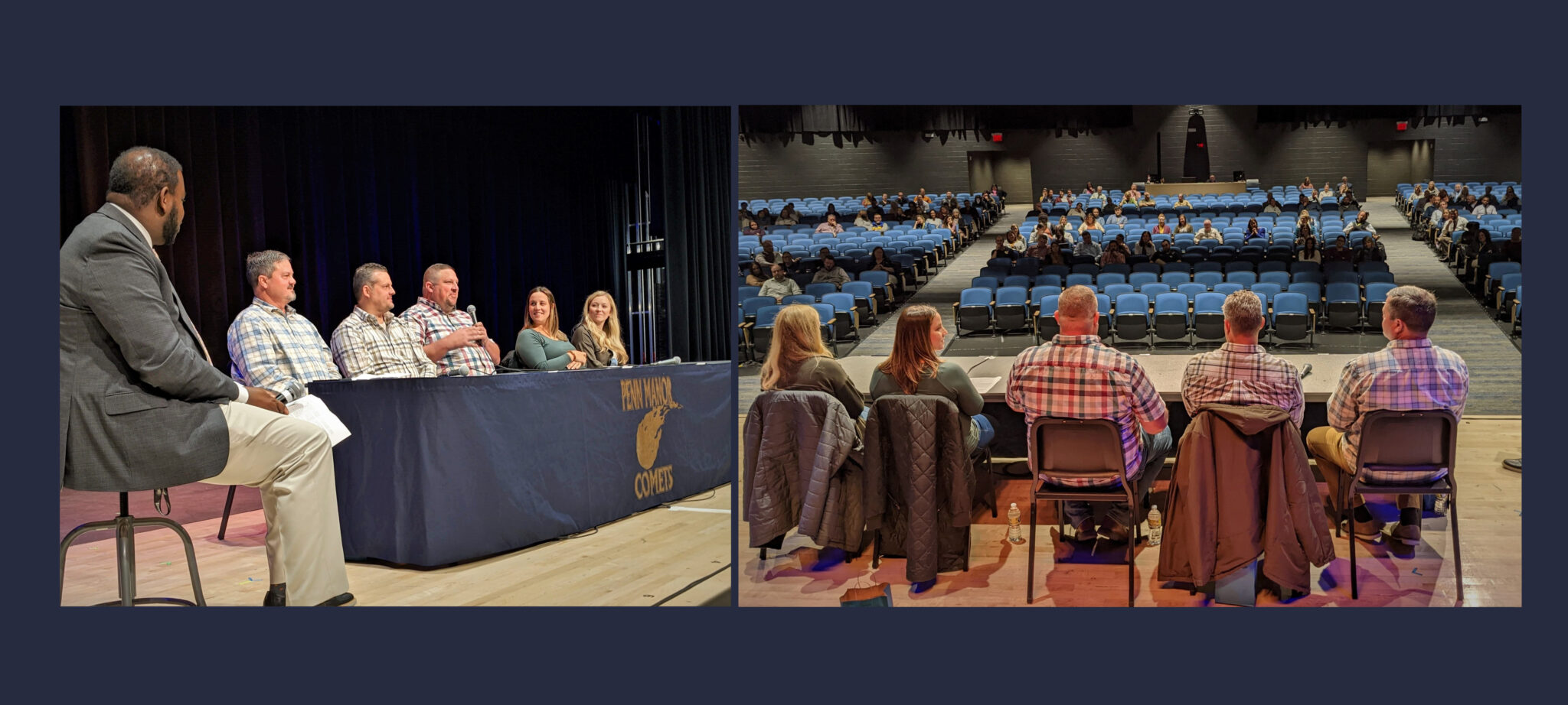 Photos of alumni panel members on stage in the high school audtorium.