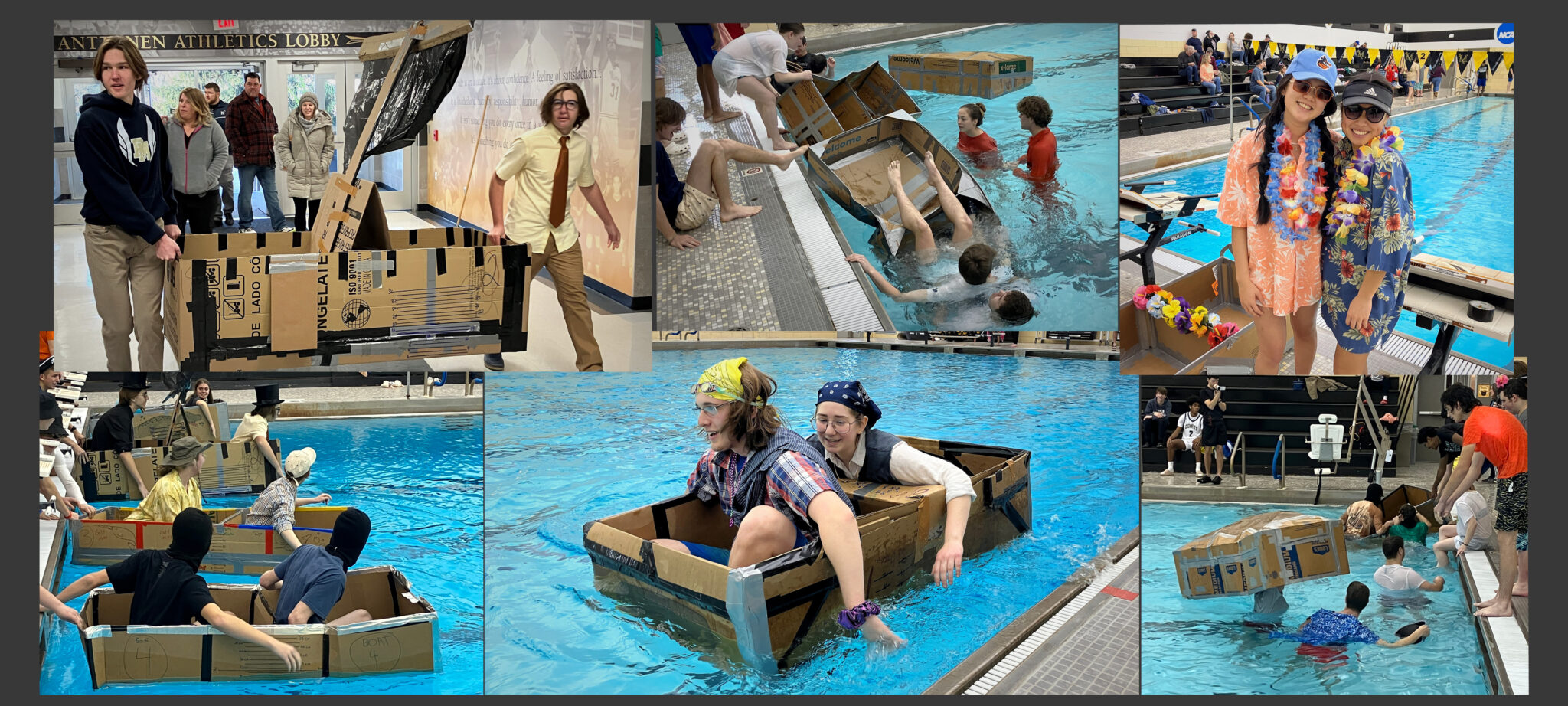 Photos of student competing in the cardboard regatta race.