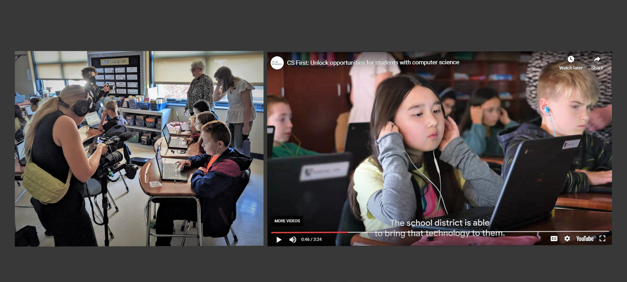 Photos of Central Manor students being filmed in the classroom and as they appear in the video.