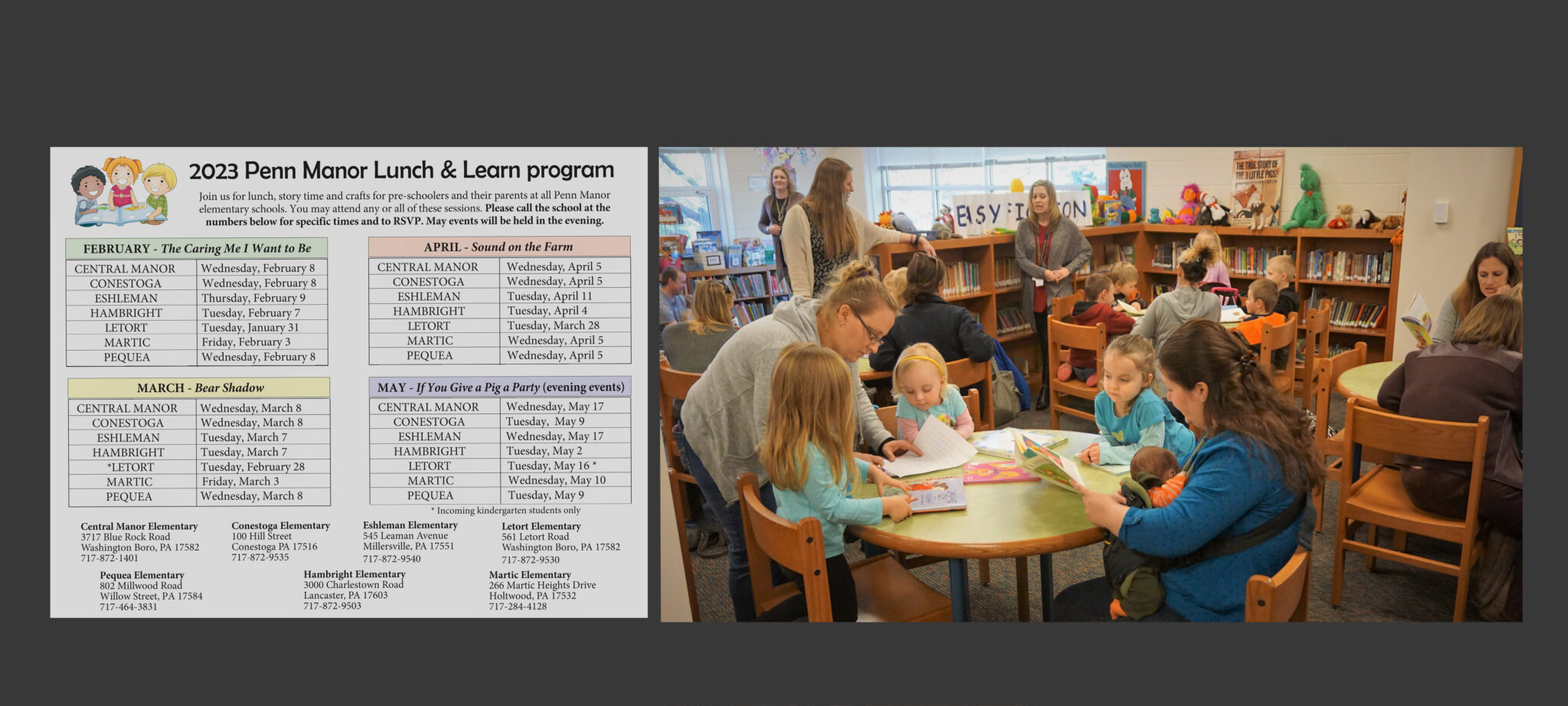 Photos of children and parents attending a Lunch & Learn event and a schedule of Lunch & Learn events for 2023.