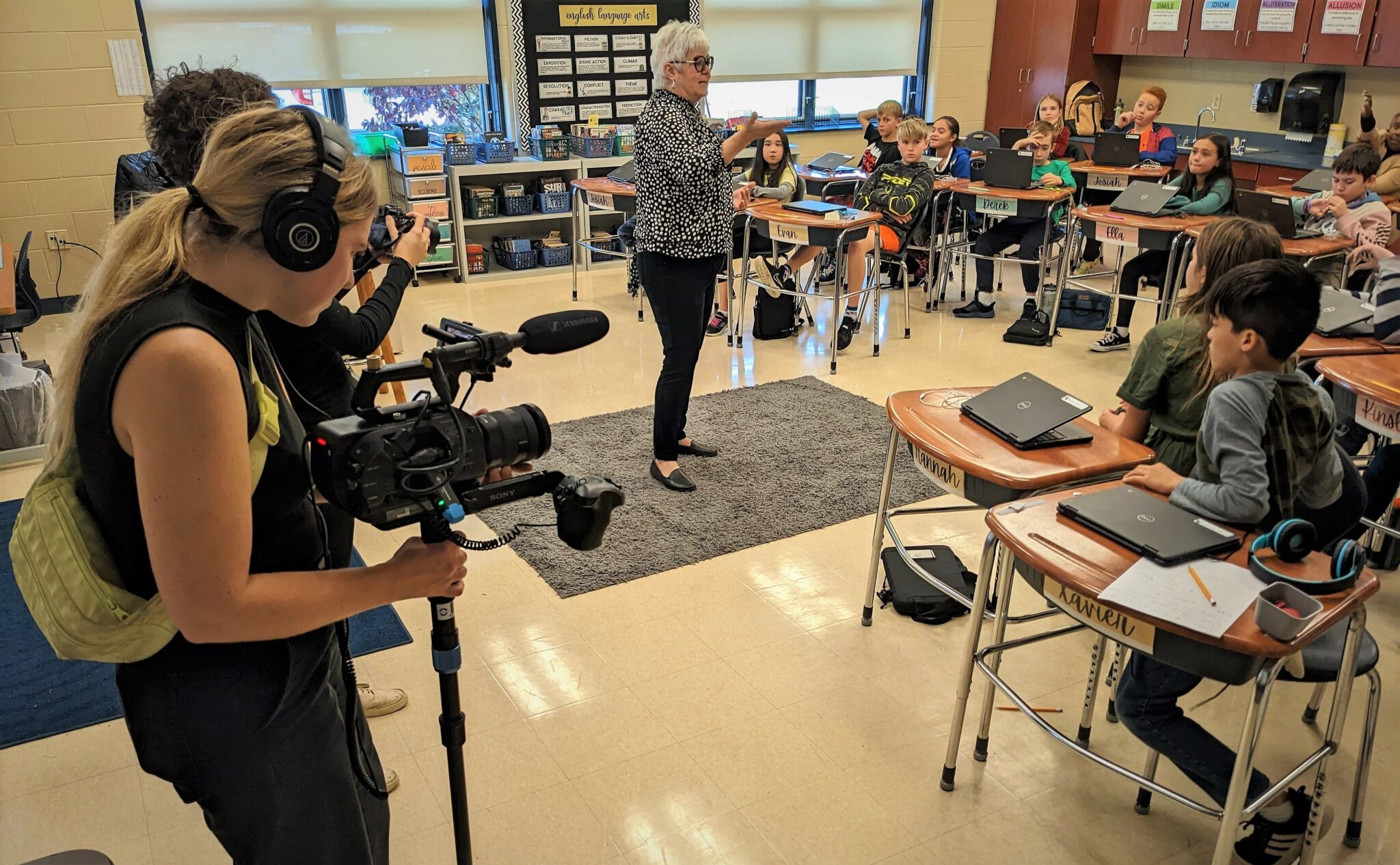 Photo of filming in Central Manor classroom.