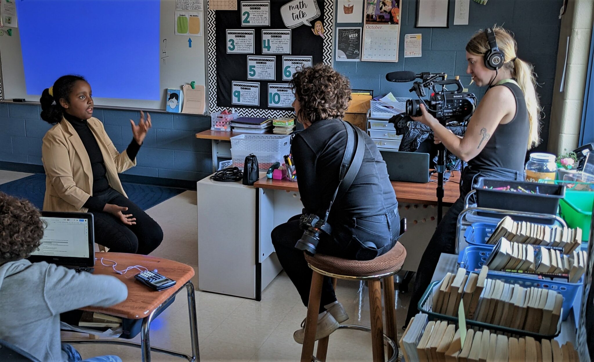 Photo of filming in Central Manor classroom.