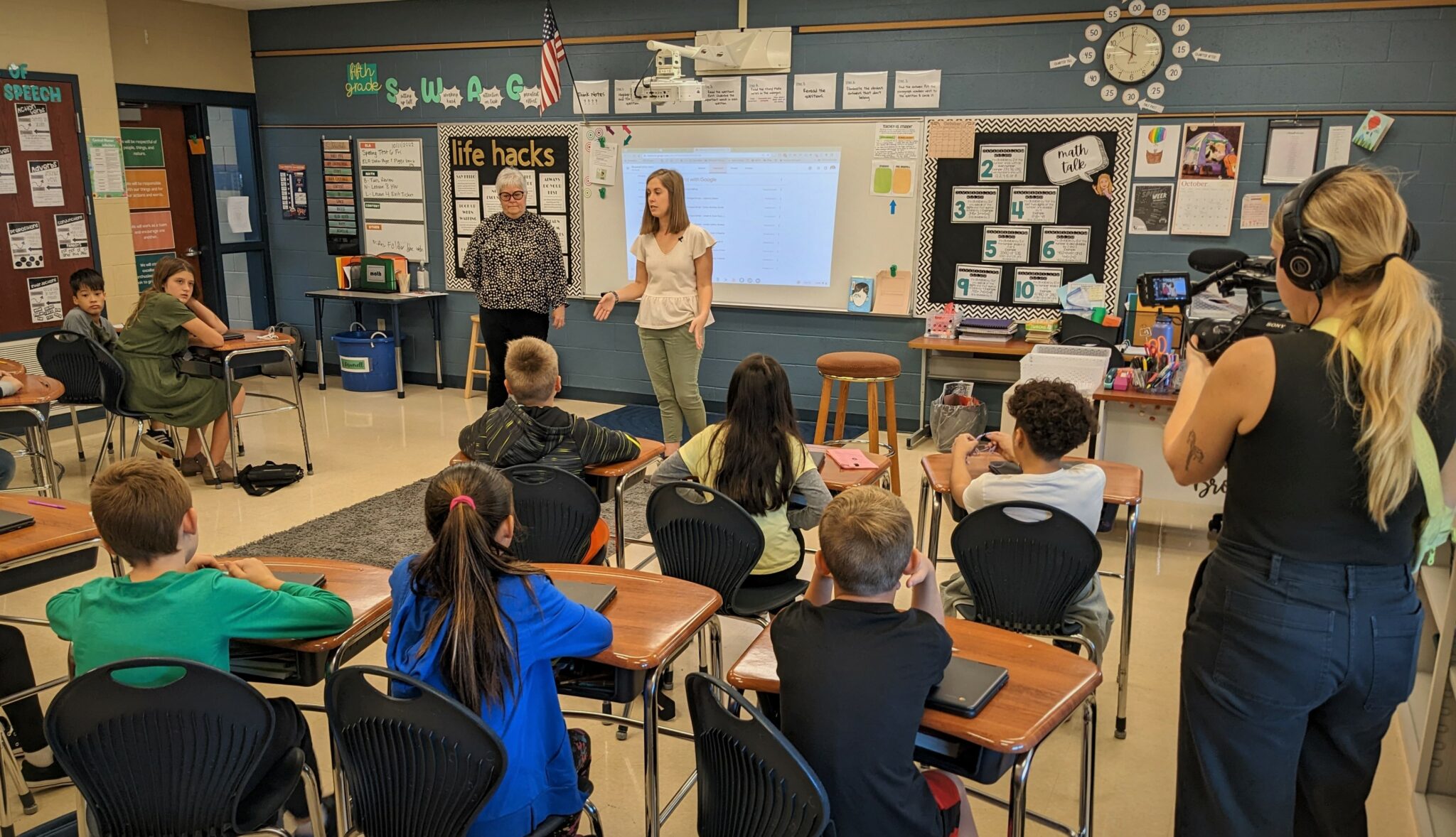 Photo of filming in Central Manor classroom.