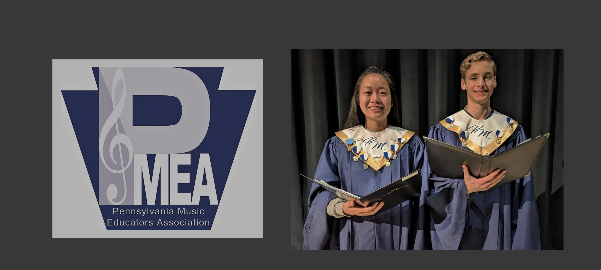 Photo of Nicole Chen and Kaleb Kabakjian with the PA Music Educators Association logo.