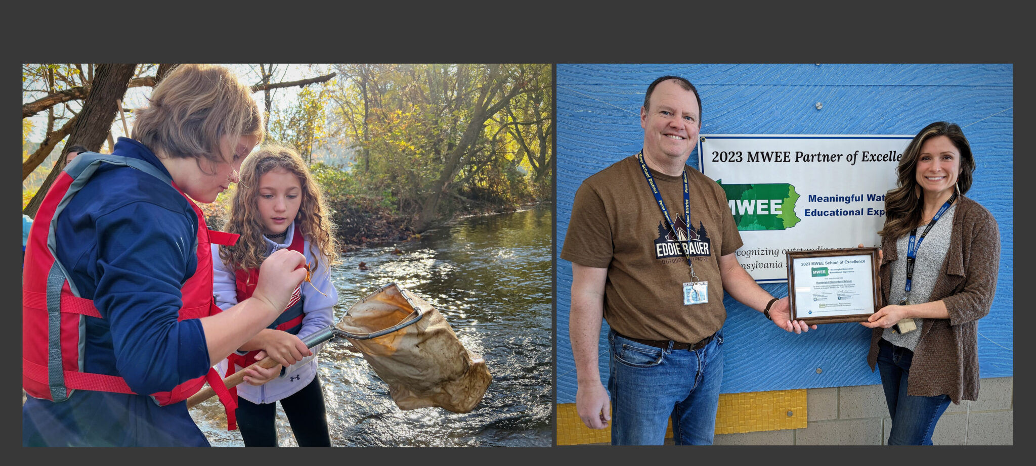 Photos of teachers with the watershed award and students collecting specimens during a stream study.