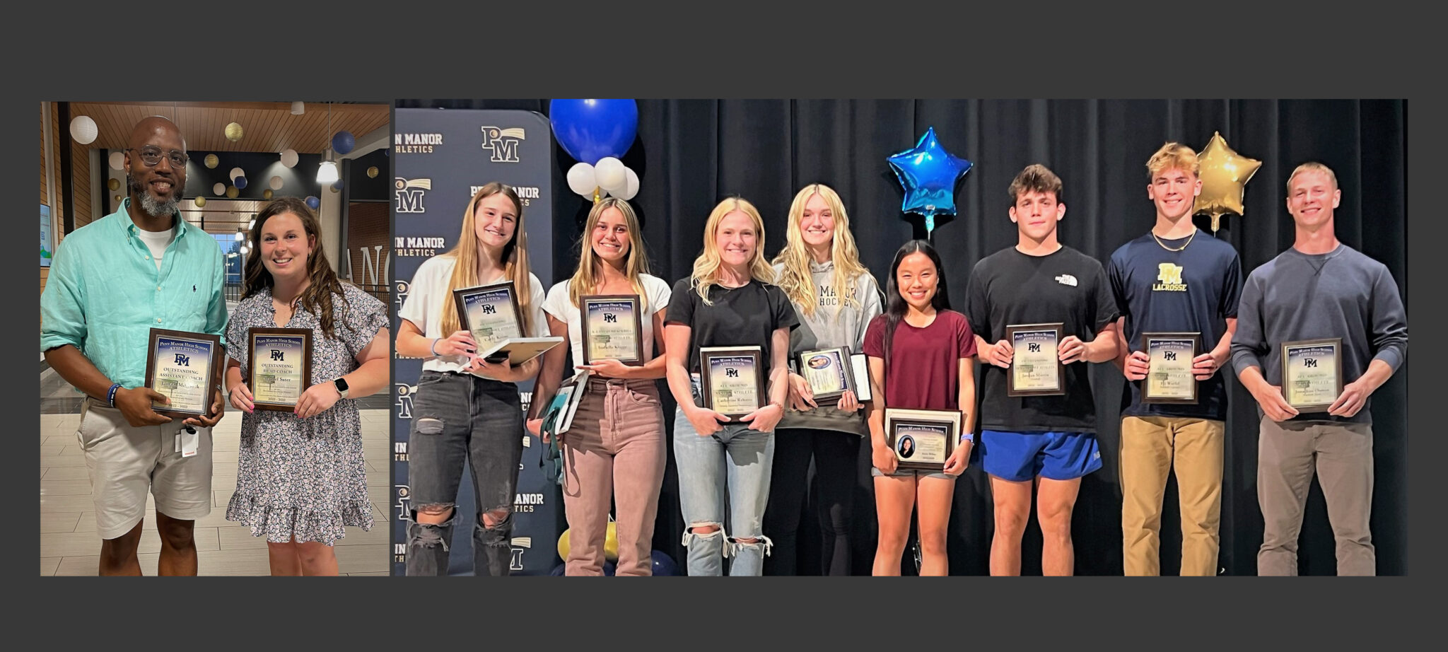 The eight top student athlete award winners and the two coaches of the year with their awards.