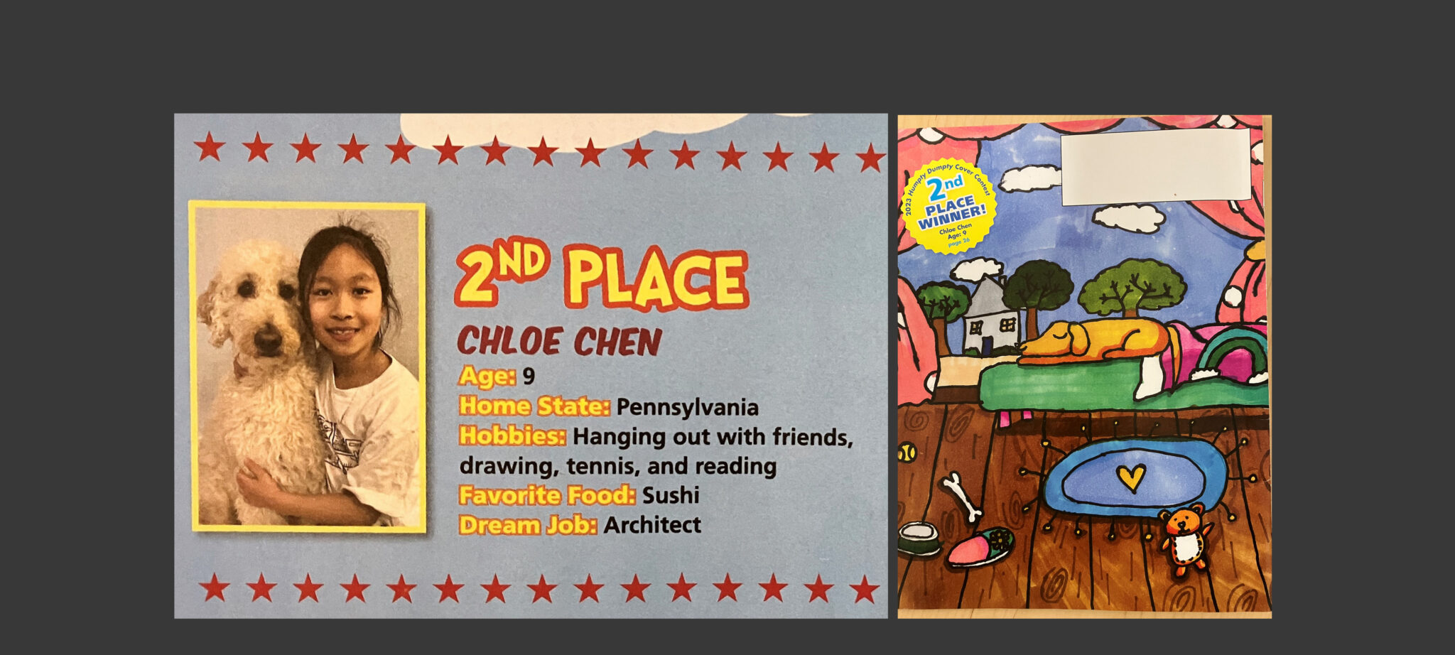 Photo of the winning illustration, plus a picture of Chloe Chen.