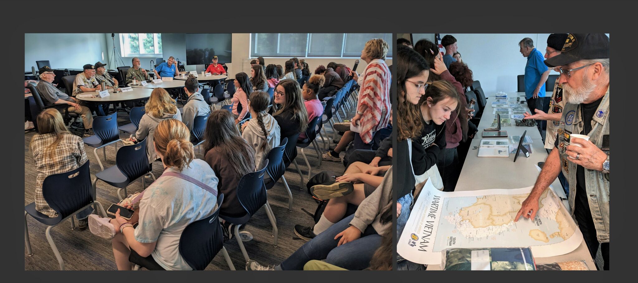 Photos of a panel of six Vietnam veterans responding to a question and one veteran explaining a map of Vietnam to two students.