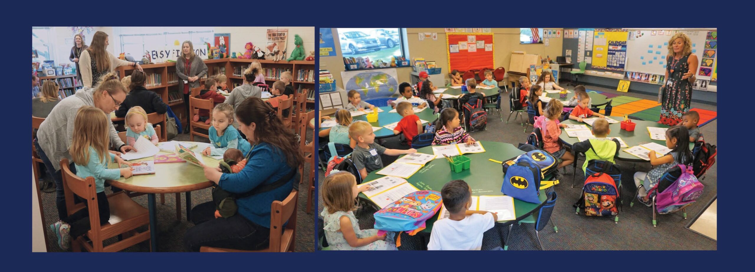 Photos of kindergarten students in class and preschool students during story time.