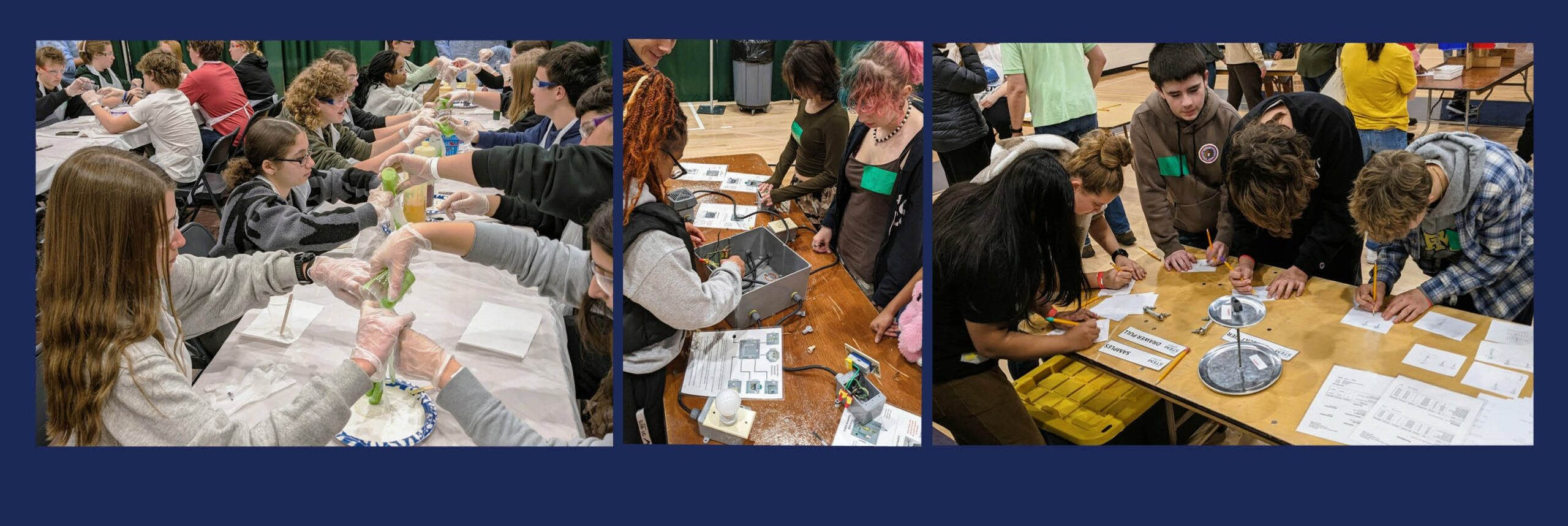 Three photos of groups of students working together on chemistry, electrical wiring and technology projects.