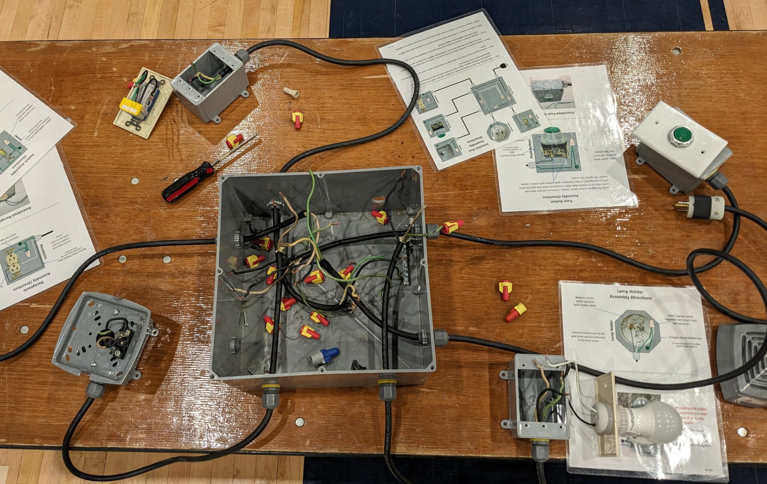 Wiring boxes and materials used in a wiring exercise.