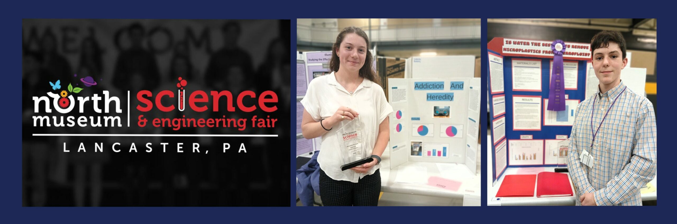 Two students with projects and awards and the logo for the science and engineering fair.