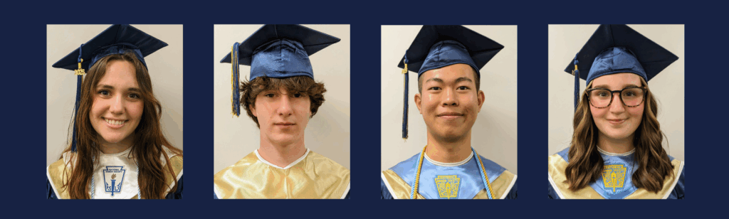 Head shots of four graduation speakers wearing caps and gowns.