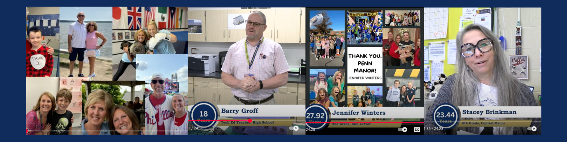 Photos of two retirees speaking to the camera, along with snapshots of two retirees' friends and family.