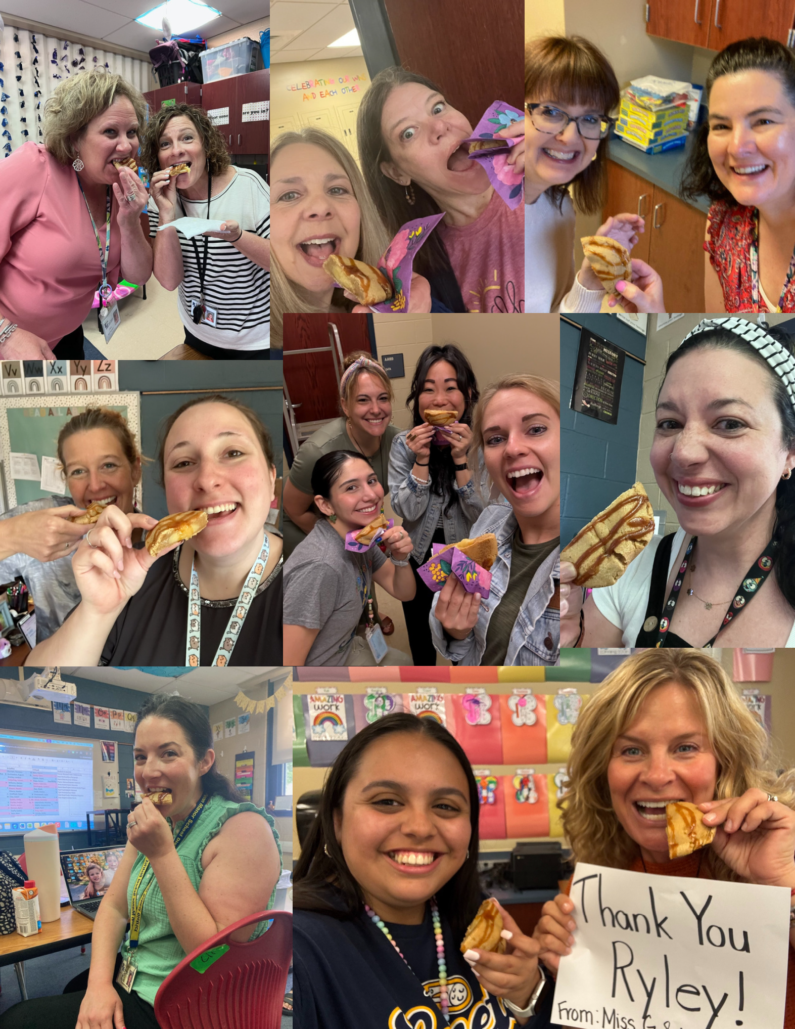 Collage of teachers eating cookies