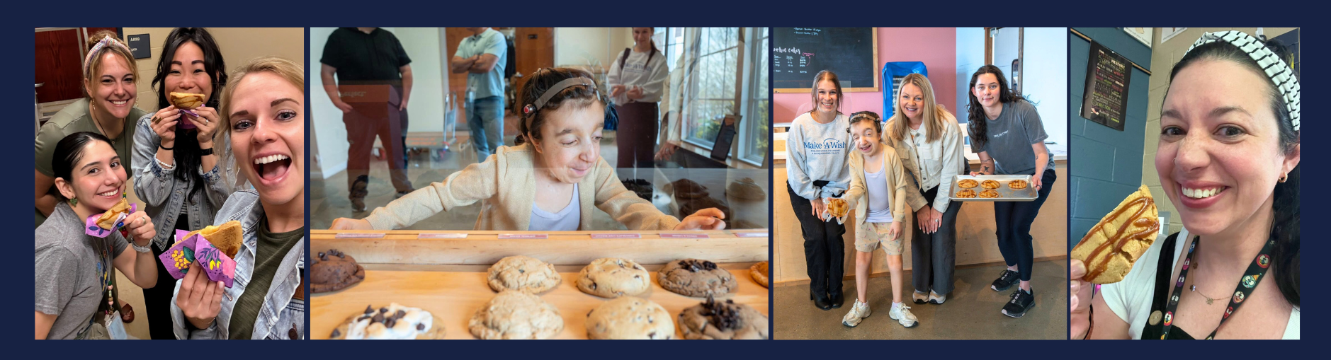 Four photos of Ryley at the cookie shop and teachers eating cookies.